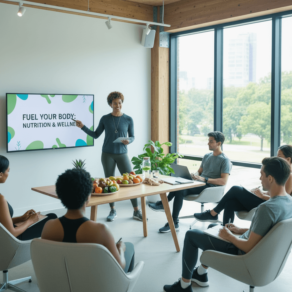 Woman presenting a nutrition and wellness workshop to a group in a bright, modern office.