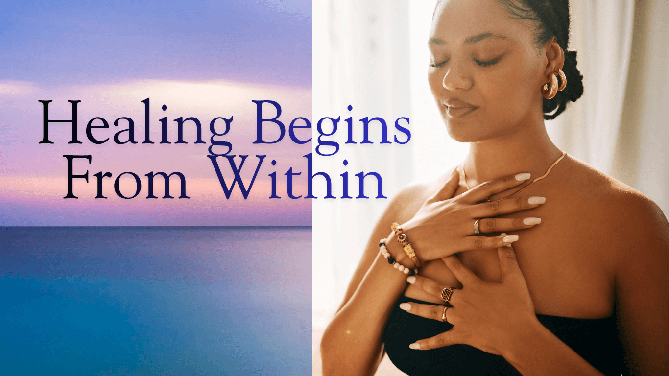 Serene woman with hands over heart beside sunset ocean, text 'Healing Begins From Within'.