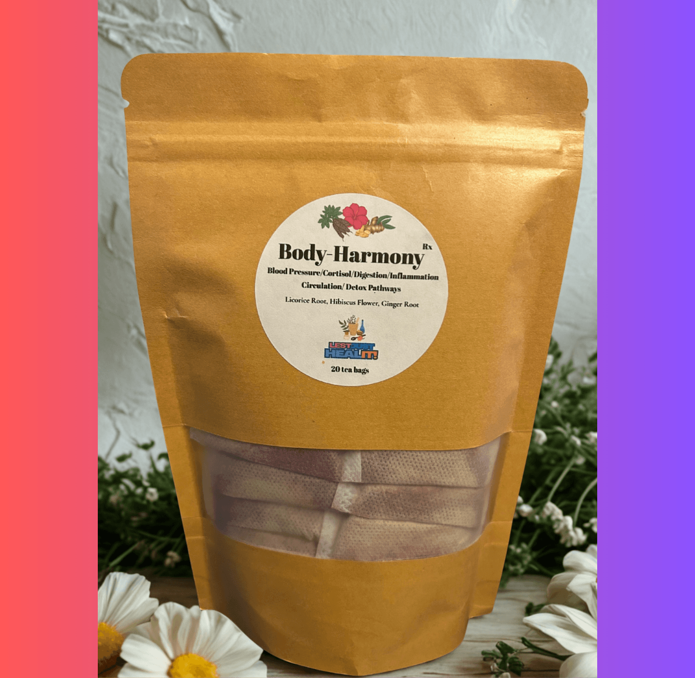 Brown pouch of Body-Harmony herbal tea with licorice root, hibiscus flower, and ginger root.