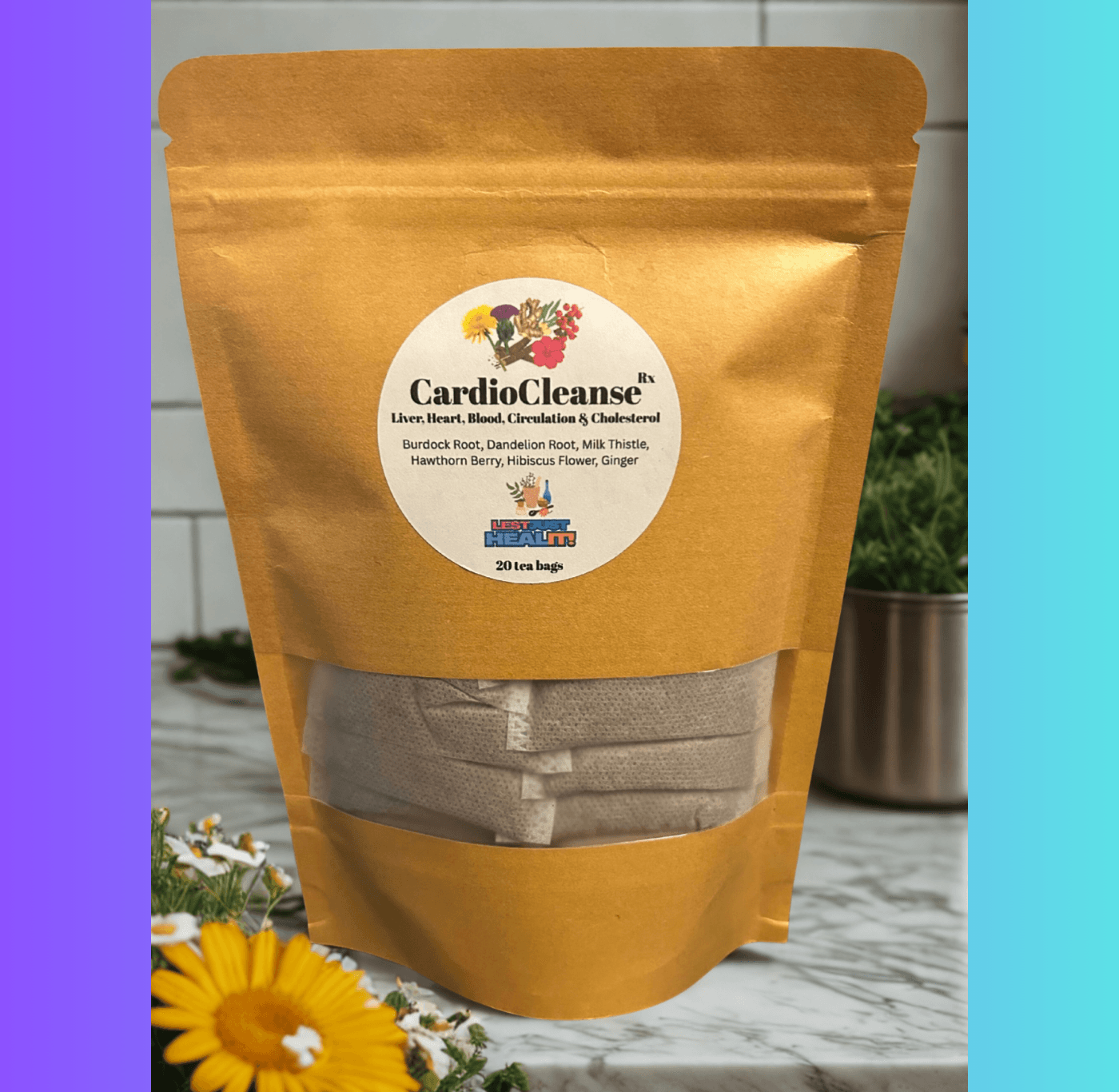 CardioCleanse Rx herbal tea pouch with a clear window, sitting on a marble countertop.