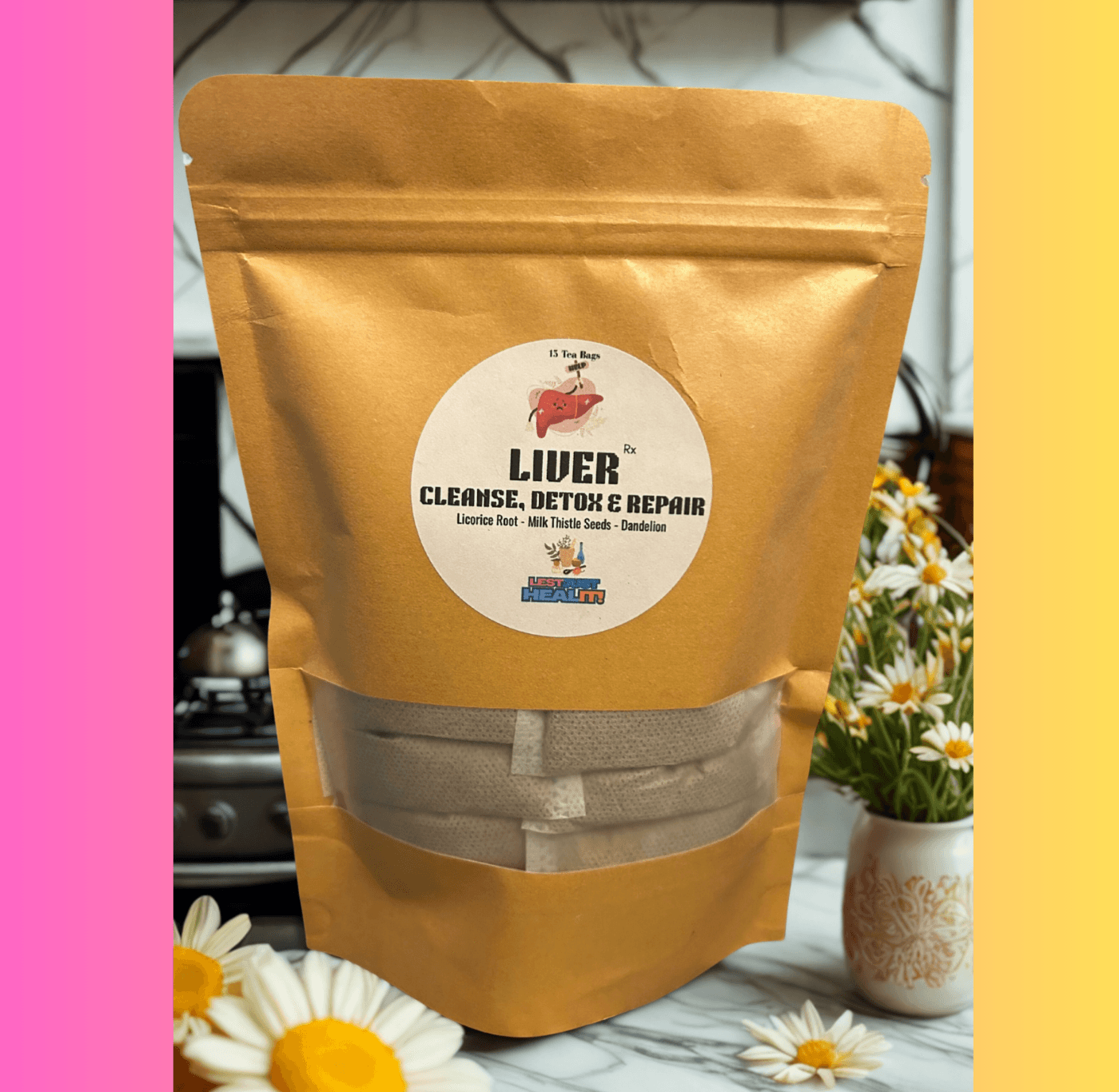 Brown pouch of Liver Cleanse, Detox & Repair tea bags on a marble kitchen counter.
